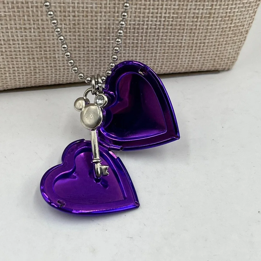 Vintage Disney Mickey Mouse Purple Heart Locket Necklace & Key Charm Gold Tone